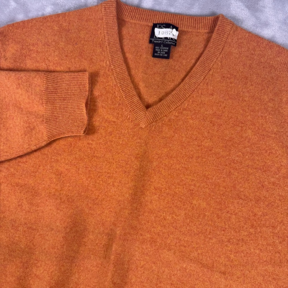 Jos A Bank Travelers Collection Mens Orange 100% Cashmere V-Neck Sweater Large